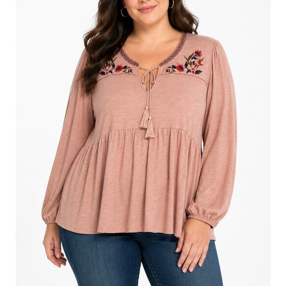 Torrid Tops - Torrid Pink Embroidered Babydoll Top Balloon Sleeve Tassel Tie V-Neck Size 2